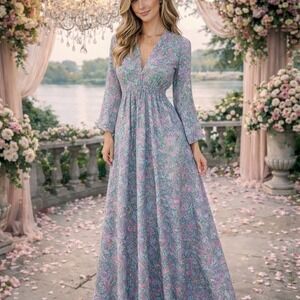 Karma Highway‎ Paisley Maxi Dress Open Back Tassel Bell Sleeve OS Green Pink